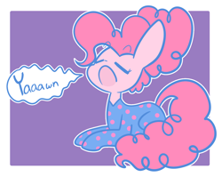 Size: 1280x1020 | Tagged: safe, artist:typhwosion, character:pinkie pie, species:pony, alternate hairstyle, clothing, cute, dialogue, diapinkes, eyes closed, female, footed sleeper, open mouth, pajamas, prone, solo, speech bubble, yawn