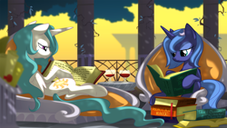 Size: 1920x1080 | Tagged: safe, artist:equestria-prevails, character:princess celestia, character:princess luna, species:alicorn, species:pony, alcohol, blue-mane celestia, book, cute, dappled sunlight, female, filly, mare, on side, reading, s1 luna, sitting, underhoof, wallpaper, wine, wine glass, woona, younger