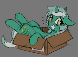 Size: 794x583 | Tagged: safe, artist:mewball, edit, character:lyra heartstrings, species:pony, species:unicorn, box, color edit, colored, embarrassed, female, floppy ears, gray background, mare, pony in a box, simple background, smiling, solo