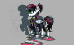 Size: 2800x1700 | Tagged: safe, artist:elmutanto, oc, oc only, oc:siren, species:pegasus, species:pony, fallout equestria, fanfic:fallout equestria: broken oaths, clothing, female, gray background, mare, raised hoof, simple background, solo, uniform