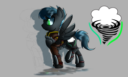 Size: 2800x1700 | Tagged: safe, artist:elmutanto, oc, oc only, oc:fantastic storm, species:pegasus, species:pony, fallout equestria, fanfic:fallout equestria: broken oaths, armor, clothing, gray background, male, raised hoof, reference sheet, simple background, solo, spread wings, stallion, wings