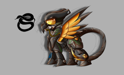Size: 2800x1700 | Tagged: safe, artist:elmutanto, oc, oc only, oc:viper, species:pegasus, species:pony, fallout equestria, fanfic:fallout equestria: broken oaths, armor, enclave armor, gray background, helmet, power armor, reference sheet, scorpion tail, simple background, solo, spread wings, terminator, wings