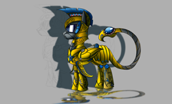 Size: 2800x1700 | Tagged: safe, artist:elmutanto, oc, oc only, oc:pale shroud, species:pegasus, species:pony, fallout equestria, fanfic:fallout equestria: broken oaths, armor, gray background, helmet, scorpion tail, simple background, solo