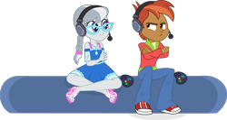 Size: 5212x2764 | Tagged: safe, artist:punzil504, character:button mash, character:silver spoon, my little pony:equestria girls, braided ponytail, buttonbetes, clothing, controller, cute, dress, feet, female, gamer, glasses, headset, high heels, male, pants, sandals, shoes, silverbetes, simple background, sitting, smiling, sneakers, transparent background, vector