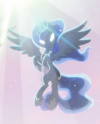 Size: 678x840 | Tagged: safe, artist:light262, character:princess luna, species:alicorn, species:pony, comic:timey wimey, comic, constellation, cropped, ethereal mane, female, flying, galaxy mane, glowing eyes, glowing horn, hoof shoes, jewelry, light, magic, mare, regalia, spread wings, wings