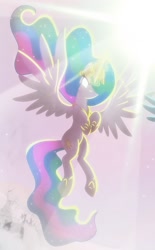 Size: 847x1368 | Tagged: safe, artist:light262, character:princess celestia, species:alicorn, species:pony, comic:timey wimey, comic, cropped, ethereal mane, female, glowing eyes, glowing horn, jewelry, lens flare, light, magic, mare, regalia, solo, spread wings, wings