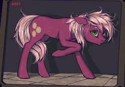 Size: 1000x698 | Tagged: safe, artist:madhotaru, character:cheerilee, species:earth pony, species:pony, dishevelled, female, floppy ears, indoors, mare, messy mane, monitor, raised hoof, simple background, solo, standing, tail between legs