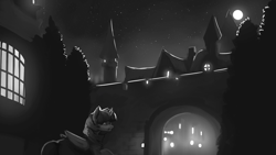 Size: 1920x1080 | Tagged: safe, artist:hierozaki, character:twilight sparkle, character:twilight sparkle (alicorn), species:alicorn, species:pony, castle, clothing, female, grayscale, mare, monochrome, moon, solo, tree