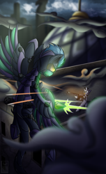 Size: 1700x2800 | Tagged: safe, artist:elmutanto, oc, oc only, species:pegasus, species:pony, species:zebra, fallout equestria, 2018, armor, battle saddle, enclave armor, energy weapon, fanfic art, firing, flying, grand pegasus enclave, gun, magical energy weapon, metal, open mouth, power armor, weapon, zebra oc