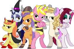 Size: 6569x4380 | Tagged: safe, artist:ironm17, character:cayenne, character:citrus blush, character:moonlight raven, character:pretzel twist, character:sunshine smiles, character:sweet biscuit, species:pony, species:unicorn, absurd resolution, animal costume, bee costume, clothing, costume, devil costume, egyptian, halloween, halloween costume, helmet, holiday, horned helmet, mouse costume, viking, viking helmet, witch costume