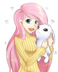 Size: 800x1000 | Tagged: safe, artist:solar-slash, character:angel bunny, character:fluttershy, clothing, cute, female, heart, hug, humanized, open mouth, shyabetes, sweater, sweatershy