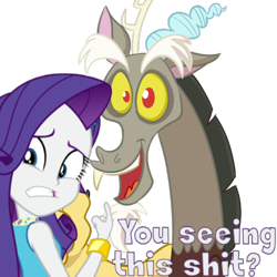 Size: 600x600 | Tagged: safe, artist:madmax, artist:phucknuckl, edit, character:discord, character:rarity, equestria girls:rollercoaster of friendship, g4, my little pony: equestria girls, my little pony:equestria girls, clothing, cool story bro, cropped, exploitable meme, female, looking back, meme, question, simple background, thumbs up, transparent background, vulgar