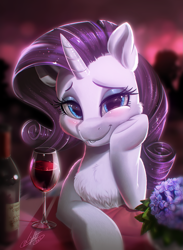 Size: 1465x2000 | Tagged: safe, artist:light262, character:rarity, species:pony, species:unicorn, g4, alcohol, beautiful, blurred background, blushing, bottle, cheek fluff, chest fluff, chromatic aberration, cute, date, detailed, eyelashes, eyeshadow, female, fluffy, frog (hoof), glass, high res, hnnng, hoof on cheek, hoofbutt, horn, looking at you, loving gaze, makeup, mare, mascara, raribetes, signature, smiling, solo, squishy cheeks, table, underhoof, weapons-grade cute, wine, wine glass