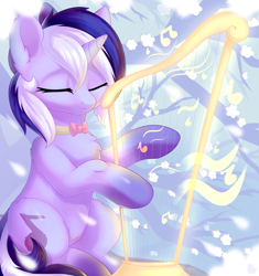 Size: 4952x5268 | Tagged: safe, artist:alphadesu, oc, oc only, oc:scarlet melody, species:pony, species:unicorn, absurd resolution, eyes closed, female, harp, mare, musical instrument, smiling, ych result