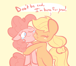 Size: 1280x1102 | Tagged: safe, artist:typhwosion, character:applejack, character:pinkie pie, species:earth pony, species:pony, ship:applepie, bipedal, comforting, consoling, crying, cute, dialogue, eyes closed, female, freckles, hug, lesbian, love, mare, one eye closed, positive ponies, shipping, simple background, tears of joy