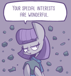 Size: 1185x1263 | Tagged: safe, artist:typhwosion, character:maud pie, character:soarin', autism, autistic maud, clothing, dialogue, pie, positive ponies, rock, simple background, speech bubble, text, that pony sure does love rocks