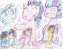 Size: 1976x1555 | Tagged: safe, artist:ptitemouette, character:starlight glimmer, character:trixie, character:twilight sparkle, oc, oc:celeste shimmer, oc:galaxy trick, oc:stella moon, oc:sunny jewel, parent:moondancer, parent:starlight glimmer, parent:sunburst, parent:sunset shimmer, parent:trixie, parent:twilight sparkle, parents:starburst, parents:sunsetsparkle, parents:trickdancer, species:pony, brother and sister, female, magical lesbian spawn, male, mother and daughter, mother and son, offspring