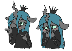 Size: 683x484 | Tagged: safe, artist:typhwosion, character:queen chrysalis, species:anthro, adorkable, ambiguous facial structure, blushing, clothing, crown, cute, cutealis, dork, dorkalis, eye clipping through hair, finger gun, finger guns, floppy ears, jewelry, no pupils, one eye closed, open mouth, regalia, simple background, sweater, turtleneck, white background, wink
