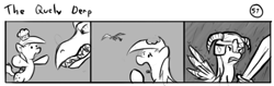 Size: 802x253 | Tagged: safe, artist:tetrapony, character:derpy hooves, species:dragon, species:pegasus, species:pony, comic:the daily derp, comic, female, helmet, mare, monochrome, muffin, skyrim, sword, the elder scrolls, the quely derp