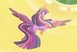 Size: 411x279 | Tagged: safe, artist:light262, character:twilight sparkle, character:twilight sparkle (alicorn), species:alicorn, species:pony, comic:timey wimey, colored wings, comic, cropped, crown, female, flying, hoof shoes, jewelry, mare, multicolored wings, older, older twilight, rainbow power, rear view, regalia, solo, spread wings, ultimate twilight, wings
