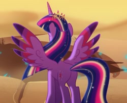 Size: 372x301 | Tagged: safe, artist:light262, character:twilight sparkle, character:twilight sparkle (alicorn), species:alicorn, species:pony, comic:timey wimey, colored wings, comic, cropped, crown, female, jewelry, mare, multicolored wings, older, older twilight, rainbow power, rear view, regalia, solo, spread wings, ultimate twilight, wings