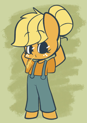 Size: 1043x1472 | Tagged: safe, artist:typhwosion, character:applejack, alternate hairstyle, ambiguous facial structure, clothing, cute, dungarees, female, hair bun, jackabetes, semi-anthro, solo, straw in mouth