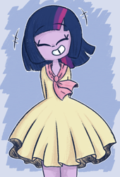 Size: 796x1171 | Tagged: safe, artist:typhwosion, character:twilight sparkle, episode:sweet and elite, g4, my little pony: friendship is magic, my little pony:equestria girls, birthday dress, clothing, cute, dress, eyes closed, female, gap teeth, hands behind back, smiling, solo, twiabetes