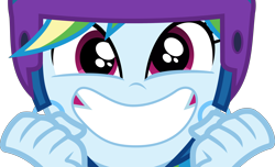 Size: 3718x2256 | Tagged: safe, artist:phucknuckl, character:rainbow dash, episode:sic skateboard, g4, my little pony: equestria girls, my little pony:equestria girls, spoiler:eqg series (season 2), close-up, clothing, female, helmet, high res, looking at you, rainbow dash is best facemaker, simple background, smiling, solo, stoked, transparent background, vector, wide smile
