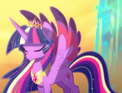 Size: 910x691 | Tagged: safe, artist:light262, character:twilight sparkle, character:twilight sparkle (alicorn), species:alicorn, species:pony, comic:timey wimey, colored wings, comic, cropped, crown, element of magic, ethereal mane, eyes closed, female, jewelry, multicolored wings, necklace, older, older twilight, rainbow power, regalia, solo, spread wings, ultimate twilight, wings