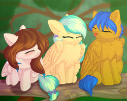 Size: 5000x4000 | Tagged: safe, artist:alphadesu, oc, oc only, oc:amora bunny, oc:crushingvictory, oc:summer ray, species:pegasus, species:pony, blep, cheek fluff, chest fluff, cute, ear fluff, eyes closed, fluffy, folded wings, perch, silly, smiling, tongue out, tree, tree branch