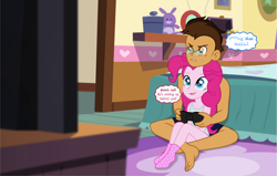 Size: 4704x3000 | Tagged: safe, artist:limedazzle, commissioner:imperfectxiii, character:pinkie pie, oc, oc:copper plume, my little pony:equestria girls, barefoot, bed, canon x oc, clothing, commission, controller, copperpie, feet, female, joystick, male, male feet, mario kart, pinkie pie's bedroom (equestria girls), shelf, shipping, shirt, sitting on lap, socks, straight, t-shirt, television, video game