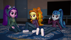 Size: 1920x1080 | Tagged: safe, artist:razethebeast, character:adagio dazzle, character:aria blaze, character:sonata dusk, my little pony:equestria girls, 3d, clothing, cute, hoodie, looking at you, pants, smiling, source filmmaker, the dazzlings