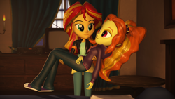 Size: 1920x1080 | Tagged: safe, artist:razethebeast, character:adagio dazzle, character:sunset shimmer, ship:sunsagio, equestria girls:rainbow rocks, g4, my little pony: equestria girls, my little pony:equestria girls, 3d, bridal carry, carrying, clothing, female, hoodie, lesbian, looking at each other, pants, shipping, smiling, source filmmaker