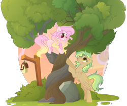 Size: 3176x2640 | Tagged: safe, artist:thesmall-artist, oc, oc only, oc:golden, oc:rose breeze, species:earth pony, species:pegasus, species:pony, bird house, female, intertwined trees, male, mare, rock, stallion, tree