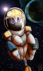 Size: 1700x2800 | Tagged: safe, artist:elmutanto, oc, oc only, oc:phase shot, species:pony, species:unicorn, astronaut, commission, explosion, floating, gray coat, helmet, herm, hooves, planet, purple eyes, solo, space, space suit, spreading, stars, two toned mane, two toned tail