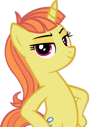 Size: 3090x4393 | Tagged: safe, artist:ironm17, character:citrus blush, species:pony, species:unicorn, bipedal, elegant, female, hooves on hips, looking at you, pose, simple background, smiling, smug, solo, transparent background, vector