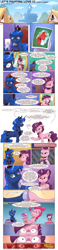 Size: 1179x5082 | Tagged: safe, artist:saturdaymorningproj, character:big mcintosh, character:pinkie pie, character:princess luna, character:sugar belle, species:alicorn, species:earth pony, species:pony, species:unicorn, comic:let's fighting love, cake, comic, dialogue, everything is fixed, female, food, implied lunamac, implied spike, implied sugarmac, male, mare, pie, ponyville, speech bubble, this will not end well, twilight's castle, warrior luna