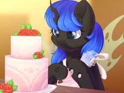 Size: 2000x1500 | Tagged: safe, artist:alphadesu, oc, oc only, oc:blue visions, species:changeling, apron, blue changeling, cake, changeling oc, clothing, commission, dessert, female, food, frosting, solo