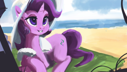 Size: 1920x1080 | Tagged: safe, artist:hierozaki, character:starlight glimmer, species:pony, species:unicorn, beach, clothing, cute, female, glimmerbetes, hat, mare, prone, smiling, solo, sun hat
