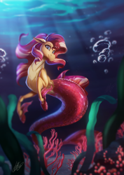 Size: 1767x2500 | Tagged: safe, artist:light262, character:sunset shimmer, species:siren, cloven hooves, colored hooves, female, looking at you, signature, sirenified, smiling, solo, species swap, sunset siren, underwater, water