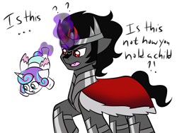 Size: 1600x1200 | Tagged: safe, artist:jolliapplegirl, character:king sombra, character:princess flurry heart, species:pony, species:unicorn, episode:the beginning of the end, g4, my little pony: friendship is magic, season 9, ..., dialogue, exclamation point, female, filly, foal, interrobang, leg hold, magic, male, open mouth, question mark, simple background, stallion, telekinesis, white background