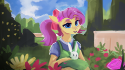 Size: 1920x1080 | Tagged: safe, artist:hierozaki, character:angel bunny, character:fluttershy, species:pony, alternate hairstyle, apron, bow, clothing, female, flower, garden, hair bow, hoof hold, looking at you, mare, open mouth, outdoors
