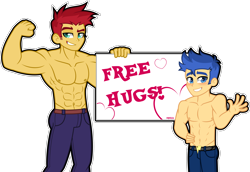 Size: 4000x2756 | Tagged: safe, artist:orin331, character:flash magnus, character:flash sentry, my little pony:equestria girls, abs, armpits, belly button, clothing, equestria girls-ified, flex sentry, male nipples, muscles, nudity, partial nudity, sign, simple background, smiling, topless, transparent background