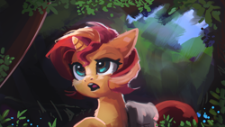 Size: 1920x1080 | Tagged: safe, artist:hierozaki, character:sunset shimmer, species:pony, species:unicorn, alternate hairstyle, cheek fluff, crepuscular rays, ear fluff, female, floppy ears, forest, looking up, mare, nature, neck fluff, open mouth, raised hoof, saddle bag, scenery, short hair, solo, tree