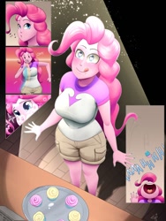 Size: 960x1280 | Tagged: safe, artist:amaraburrger, character:pinkie pie, series:ill gotten (weight) gains, my little pony:equestria girls, chubbie pie, clothing, comic, cupcake, esophagus, female, food, gullet, heart eyes, licking, licking lips, mawshot, nail polish, open mouth, shorts, tongue out, whistling, wingding eyes