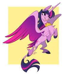 Size: 1000x1111 | Tagged: safe, artist:probablyfakeblonde, character:twilight sparkle, character:twilight sparkle (alicorn), species:alicorn, species:classical unicorn, species:pony, chest fluff, cloven hooves, colored wings, crown, crown around neck, cute, faec, female, fluffy, gradient wings, happy, hoof fluff, jewelry, leg fluff, leonine tail, mare, open mouth, peytral, rearing, regalia, simple background, solo, spread wings, twiabetes, unshorn fetlocks, white background, wings