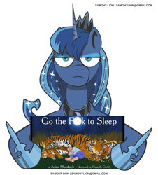 Size: 1001x1109 | Tagged: safe, artist:samoht-lion, character:princess luna, species:human, baby, big cat, censored vulgarity, go to sleep, looking at you, luna is not amused, poster, sleeping, tiger, unamused, vulgar