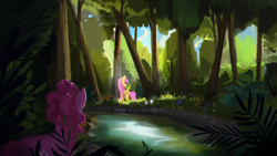 Size: 1920x1080 | Tagged: safe, artist:hierozaki, character:fluttershy, character:pinkie pie, species:earth pony, species:pegasus, species:pony, female, forest, mare, scenery, tree