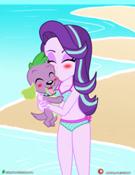 Size: 3090x4000 | Tagged: safe, artist:dieart77, character:spike, character:starlight glimmer, species:dog, ship:sparlight, my little pony:equestria girls, beach, bikini, blushing, clothing, commission, cute, eyes closed, female, kissing, male, open mouth, shipping, spike gets all the equestria girls, spike the dog, spikelove, straight, swimsuit