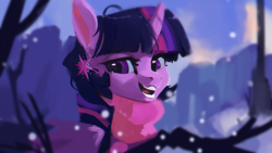 Size: 1920x1080 | Tagged: safe, artist:hierozaki, character:twilight sparkle, character:twilight sparkle (alicorn), species:alicorn, species:pony, clothing, female, mare, open mouth, scarf, smiling, snow, snowfall, solo